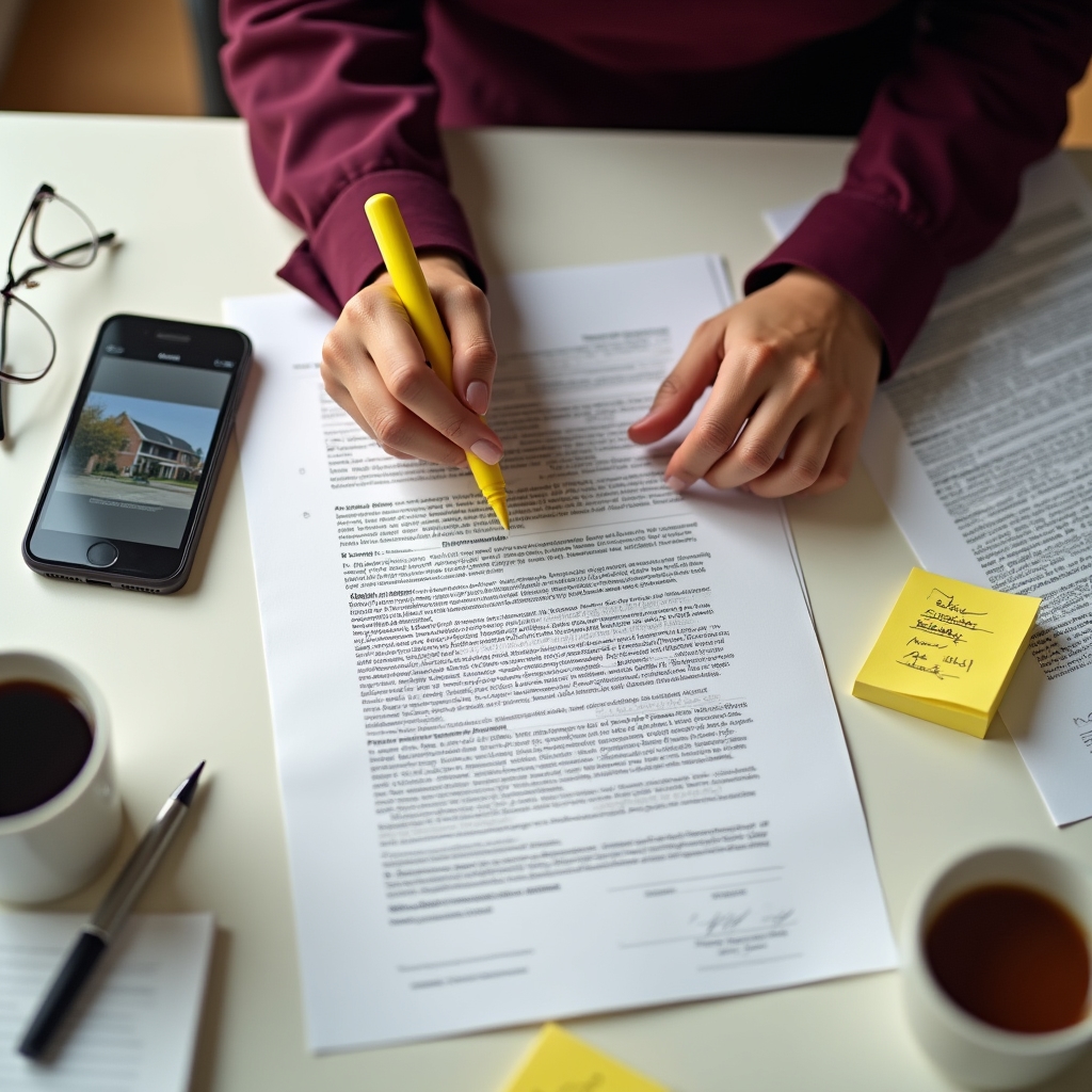 Close-up view of hands analyzing property documents with highlighter and notes on desk