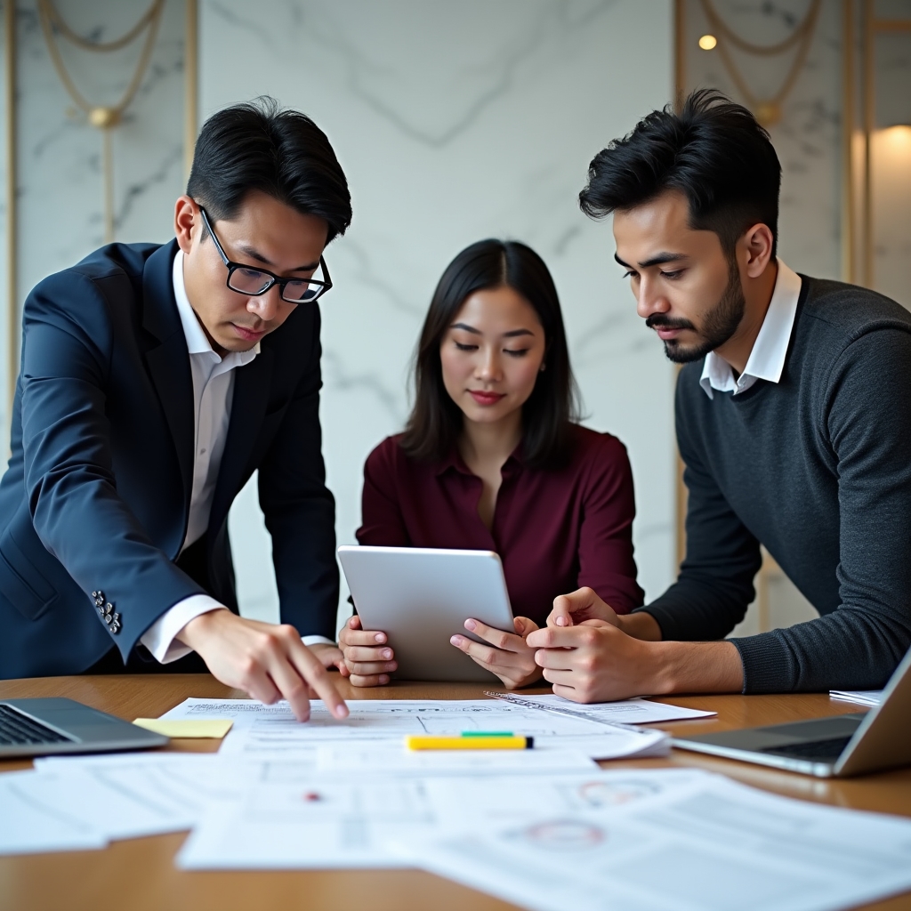 Professional team reviewing property documentation and registry records in modern office setting