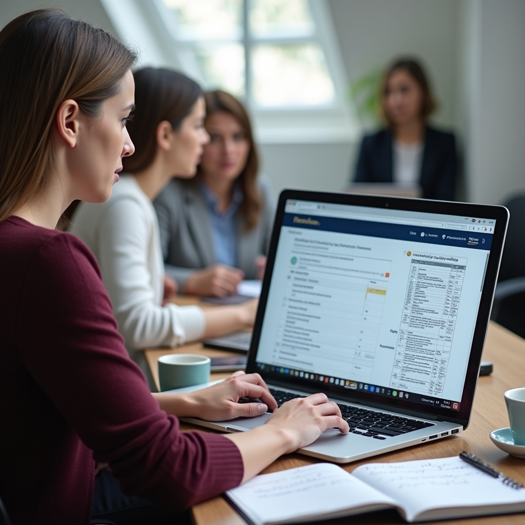Training participant practicing document verification techniques on laptop with example property records displayed