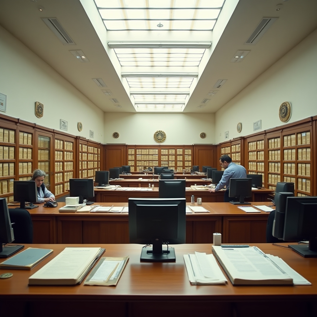 Public registry office showing document filing systems and official property records